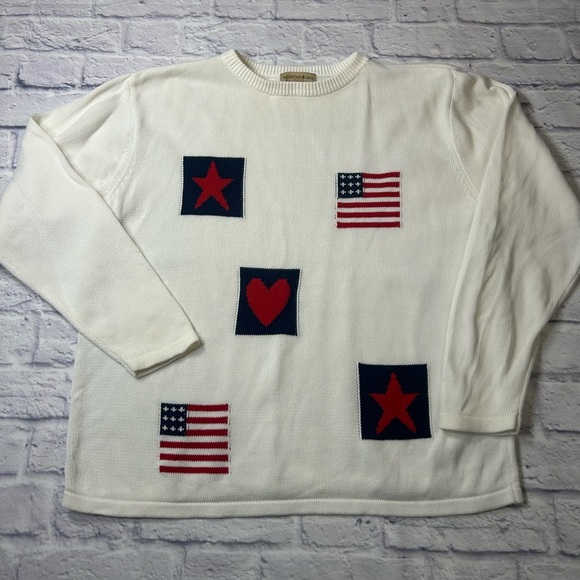 Vintage White 100% Cotton Sweater with Patriotic Patches. Size XL 🇺🇸 - Picture 1 of 5